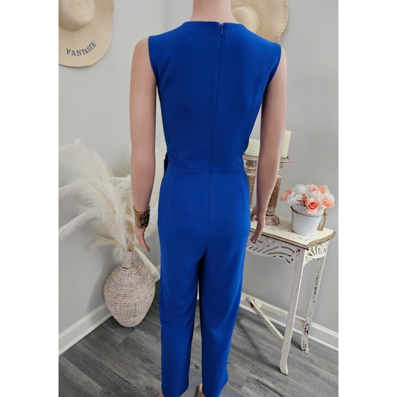 Lavender Brown Sapphire Blue  Sleeveless V-Neck Tie Waist  Jumpsuit - Picture 3 of 9